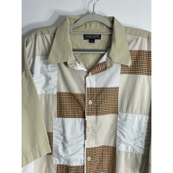 Vintage Koman Jeans Camp Shirt 2XL Tan Patchwork Grandpacore Fat Albert Retro - Picture 2 of 5